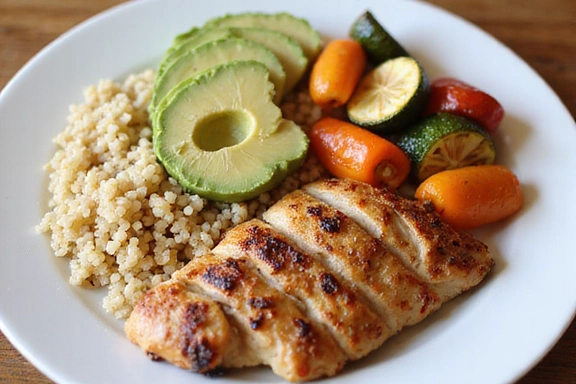 Plato colorido y saludable con quinoa, aguacate, verduras asadas y pollo a la parrilla.