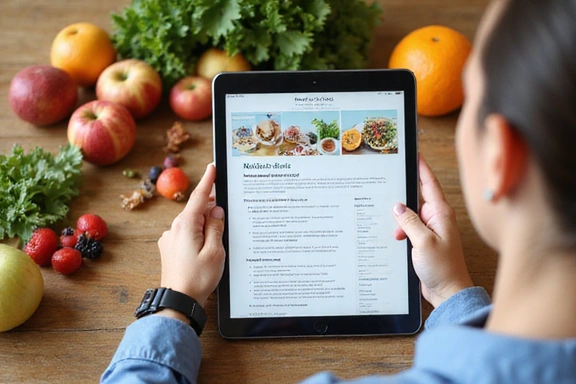 Una persona leyendo un blog sobre nutrición en una tablet, con frutas y verduras frescas alrededor.