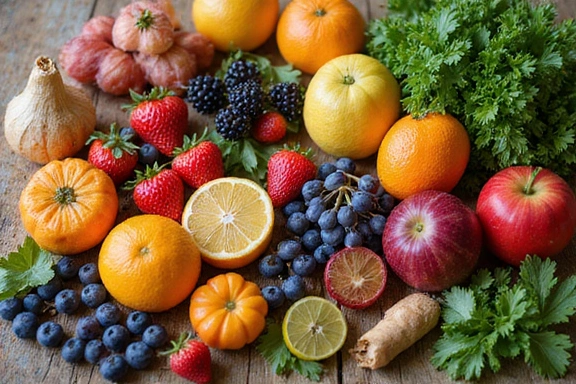 Variedad de frutas y verduras frescas dispuestas artísticamente sobre una mesa de madera, con un enfoque en colores vibrantes y texturas atractivas.