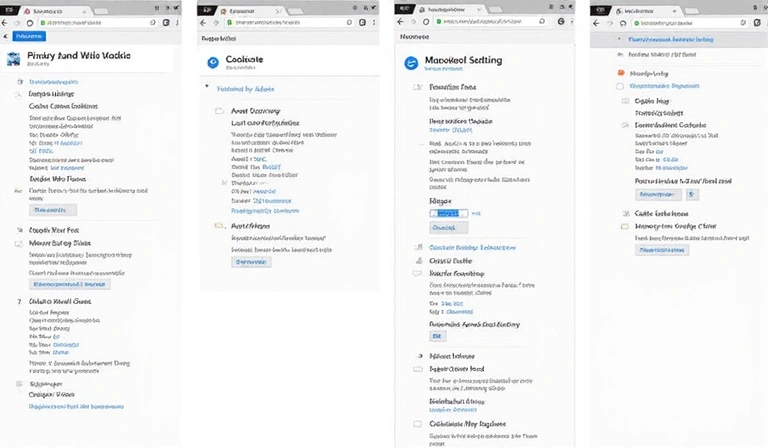 Capturas de pantalla estilizadas de la configuración de cookies en diferentes navegadores web como Chrome, Firefox, Edge y Safari, mostrando cómo acceder a las opciones de privacidad y cookies.