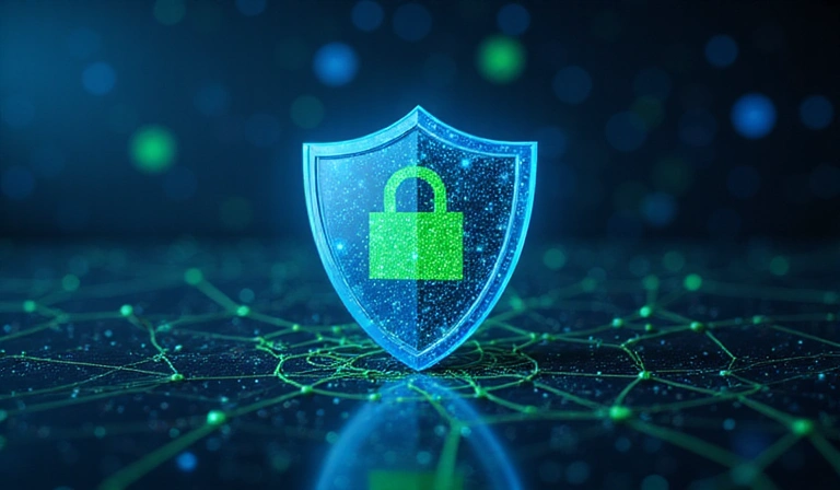 Ilustración de un escudo digital protegiendo datos con un fondo de red de seguridad