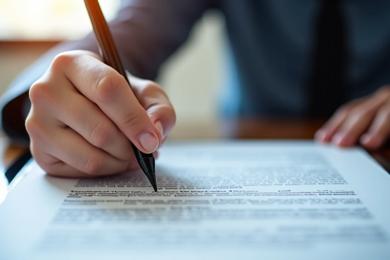 Mano de persona firmando un documento legal digitalmente, simbolizando la aceptación de términos y condiciones.