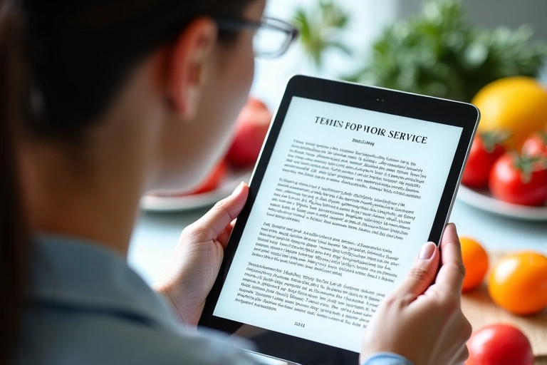 Persona leyendo los términos de servicio en una tableta con un fondo de elementos saludables.