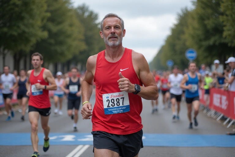 Corredor de maratón cruzando la meta con energía