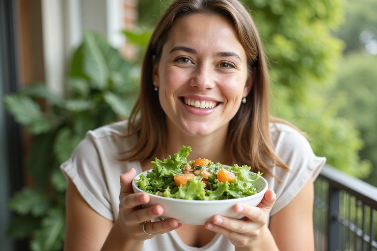 Mujer sonriente disfrutando de una ensalada saludable